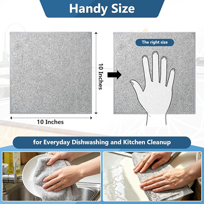 Kitchen Dish Cloths, 12 Pack, 10 x 10 Inches, Super Absorbent Microfiber Dish Towels, Soft Lint Free Reusable Dish Rags for Washing Dishes, Drying, Counters and Sink, Grey