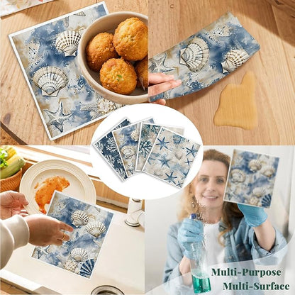 Beach Ocean Swedish Dishcloths for Kitchen, Shells Starfish Swedish Dish Cloths for Ocean, 4 Pack Dish Towels for Kitchen, Papaya Reusable Paper Towels Washable