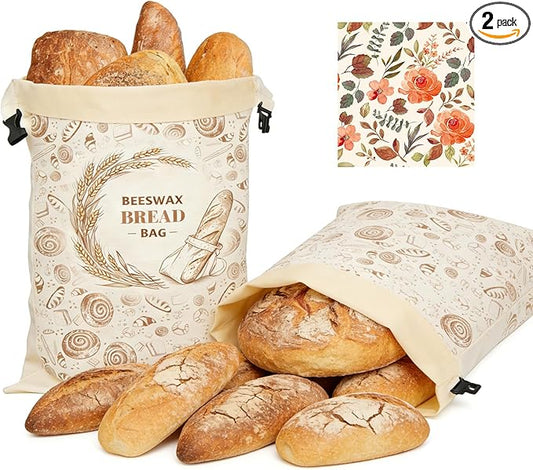 2 Pack Reusable Beeswax Bread Bags for Sourdough Homemade Bread, 17x13-Inch Cotton Storage Bags with Lock Closure, Fresh-Keeping for Fridge, Freezer & Daily Use(2 pack bread bag and 1 wraps)