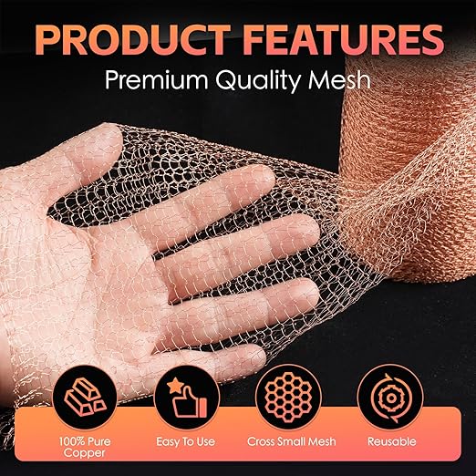 Copper Mesh Rodent Control Kit - 5 in x 105 ft Copper Mesh Roll, Rust Proof Wire Mesh, DIY Mice Defensive Mesh for Pest Bat Bird Snail and Rodent Control