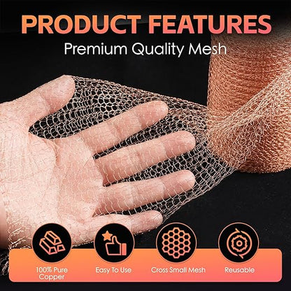 Copper Mesh Rodent Control Kit - 5 in x 105 ft Copper Mesh Roll, Rust Proof Wire Mesh, DIY Mice Defensive Mesh for Pest Bat Bird Snail and Rodent Control