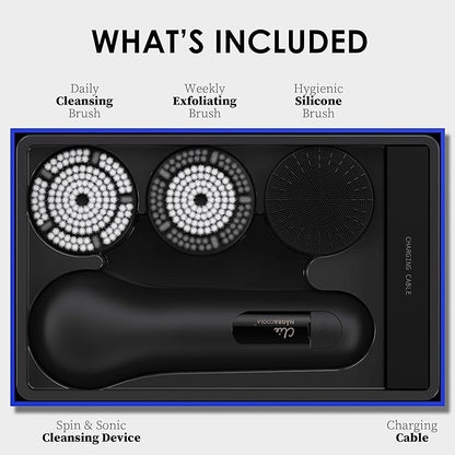 Premium Face Scrubber, Deep Pore Cleansing Brush, Waterproof & Rechargeable Face Scrub Brush for Men& Women, Electric Facial Exfoliator with 3 brushes, 3 Intensities, 2 Modes with Eye Rollor- Charcoal