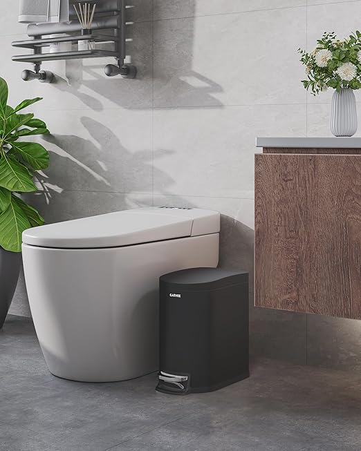 Garvee 1.6 gal / 6L Metal Bathroom Trash Can with Lid, Slim Waterproof Garbage Can for Bedroom, Small Step-on Trash Bin with Inner Bucket, Rear Handle, Soft Close Lid, Black