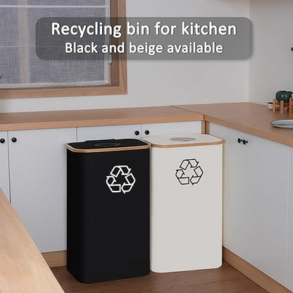 iEGrow 29 Gallons Recycling Bins for Kitchen, Indoor Recycle Bins with Lid, 110L Large Recycle bin with 2 Removeable Reusable Inner Bags, for Bottles Cans Glass Plastice Cartons(Beige)