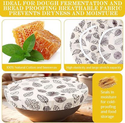 Hahafelt 4 Pcs Beeswax Bowl Covers Reusable Bowl Covers for Bread Proofing 10 Inch Elastic Cotton Cloth Sourdough Caps Stretchy Food Caps Leakproof Fresh for Dough Proofing and Food Storage(Leaf)