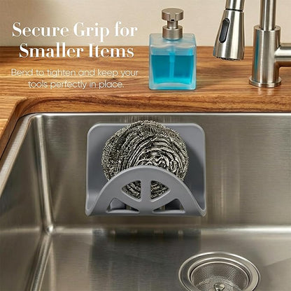 Flexible Sponge Holder for Kitchen Sink Adhesive - Bendable Silicone Sink Caddy 2 Pack, Metal Core Dish Scrubber Rack, Fold-Flat Organizer for Soap Brush Razor, Stone Wall Mount (Gray)