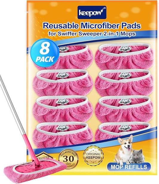 Keepow 8 Pack Reusable Mop Pads Compatible with Swiffer Sweeper, Coral Fleece Washable Swiffer Mop Pads, Dry & Wet Sweeping Mopping Cloths (Pink, Not Included Mop)