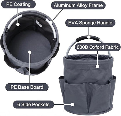 Cleaning Bucket, Cleaning caddy with Handle,17L Foldable Storage Basket 600D Oxford Fabric, 6 Pockets Portable Multi-Use Organiser for Home, Garden, Camping,Grey