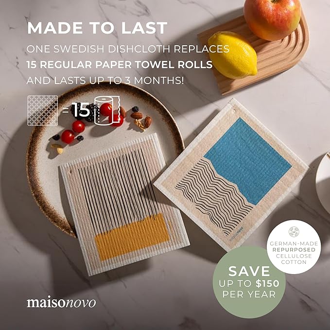 MAISONOVO Swedish Dishcloths- Reusable Paper Towels - Swedish Dishcloths for Kitchen Abstract Pack of 4 - Reusable Paper Towels Washable Kitchen Cleaning Cloths