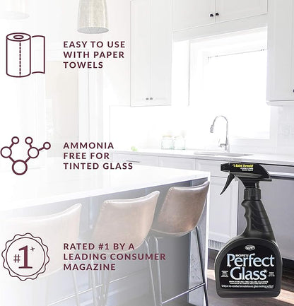 HOPE'S Perfect Glass Cleaner Spray, Streak-Free, Ammonia-Free Window, Mirror, Screen, Tinted Glass, and Shower Door Cleaner, Indoor and Outdoor Glass Surfaces, 32 Fl Oz, Pack of 1