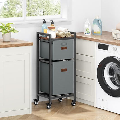 FAVOOSTY Laundry Hamper with Shelf, 70L Laundry Basket Organizer, 2 Section Laundry Sorter for Laundry Room Organization, Grey