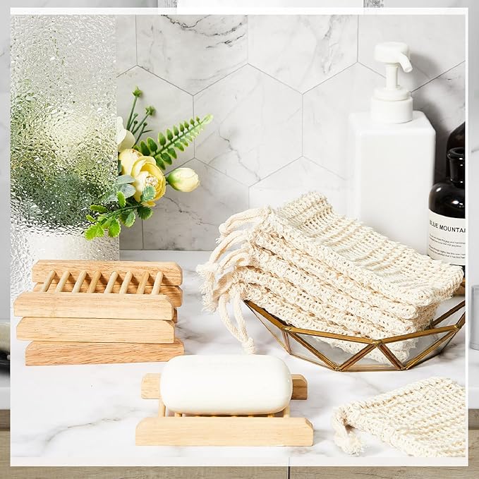Rtteri 120 Pcs Soap Saver Bags & Bamboo Soap Holder Set Exfoliating Sisal Soaps Washing Bags Self Draining Wooden Bar Soaps Dish for Shower Bath Toilet Kitchen Restaurant