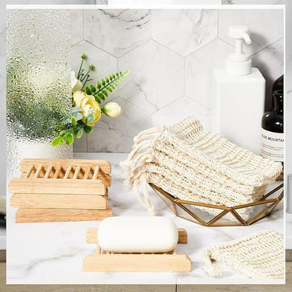 Rtteri 120 Pcs Soap Saver Bags & Bamboo Soap Holder Set Exfoliating Sisal Soaps Washing Bags Self Draining Wooden Bar Soaps Dish for Shower Bath Toilet Kitchen Restaurant