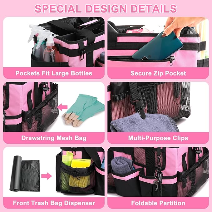 14 inch Large Cleaning Supplies Organizer, Pink Tool Bag with Handle & Adjustable Shoulder Straps, Cleaning Bags for Housekeepers, Cleaners, Cleaning Supply Caddy