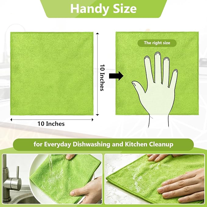 Kitchen Dish Cloths, 12 Pack, 10 x 10 Inches, Absorbent Coral Velvet Dish Towels, Soft Lint Free Reusable Dish Cloths for Dishes, Sink and Countertop, Green