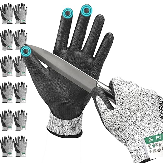 Kebada C2 Cut Resistant Gloves, ANSI A2, PU-Coated Work Gloves with Grip, Touchscreen Compatible, Ideal for Safety Protection & Anti-Cut Tasks, 12 Pairs, Small