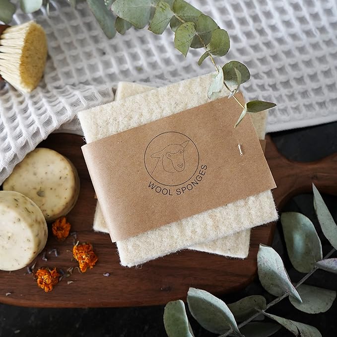 Wool Sponges 2-Pack - Environmentally Friendly, Long-Lasting & Compostable - Perfect for Dishes, Face, Body & Surfaces