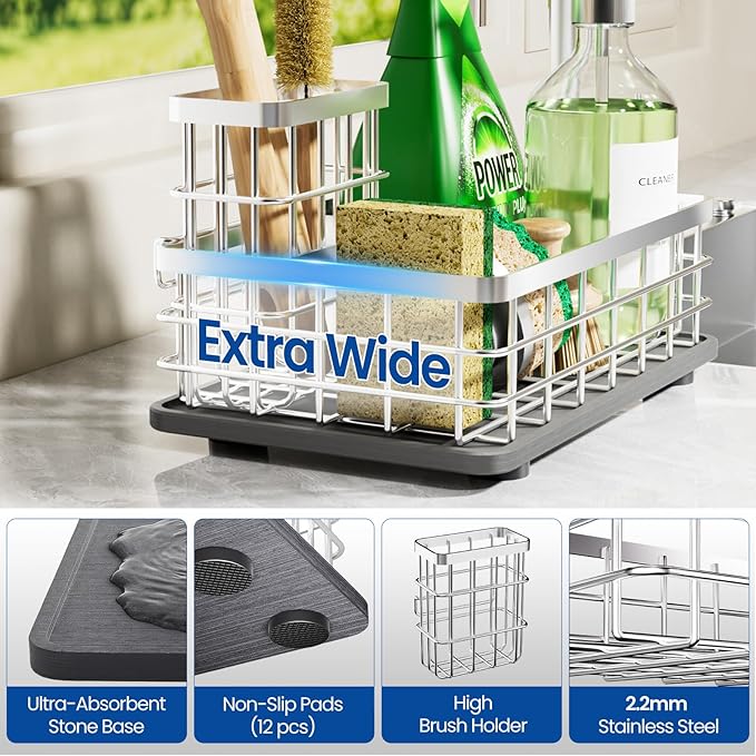 Extra Large Sink Caddy Organizer, Stainless Steel Sponge Holder for Kitchen Sink with Brush Holder, Diatomite Stone Drying Tray for Soap Dispenser,Sponge, Kitchen Essentials and Gadgets, Silver