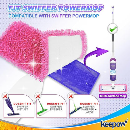 KEEPOW Reusable Microfiber Mop Pads for Swiffer PowerMop, 4 Count, Pink, Machine Washable, Compatible with 13-15 Inch Spray Mop, Multi-Surface Floor Cleaning