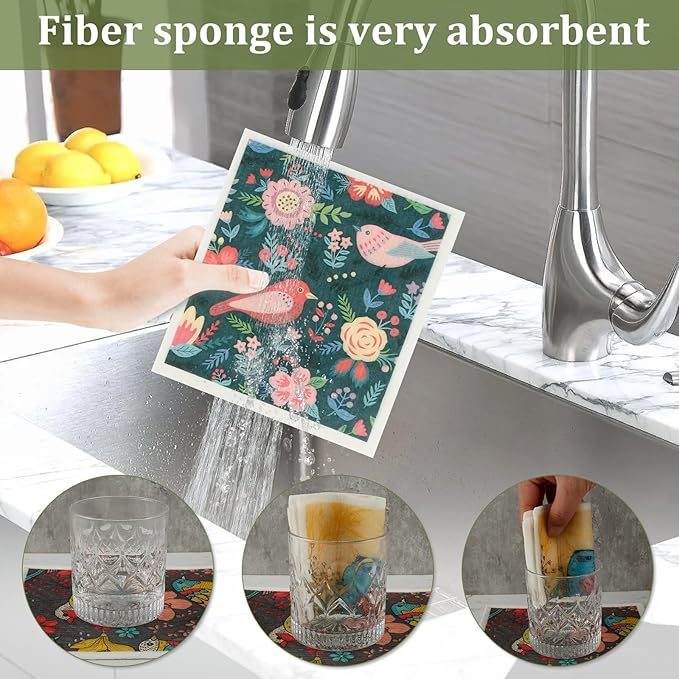 6Pcs Swedish Dishcloths for Kitchen, Quick-Drying Reusable Paper Towels, Absorbent Washable Kitchen Dish Rags, Soft Cellulose Sponge Cloths for Countertop Sink Flower Bird (6pcs Colorful Birds)