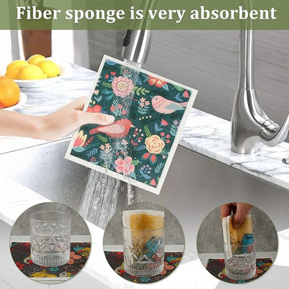 6Pcs Swedish Dishcloths for Kitchen, Quick-Drying Reusable Paper Towels, Absorbent Washable Kitchen Dish Rags, Soft Cellulose Sponge Cloths for Countertop Sink Flower Bird (6pcs Colorful Birds)