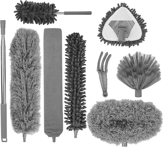 KEEPOW Microfiber Duster with Extension Pole and Ceiling Fan Duster, 10 Piece Set Stainless Steel Extension Pole 85.5 to 256 cm, Bendable Cleaning Duster of Ceiling Fans, Blinds, Furniture, Cars