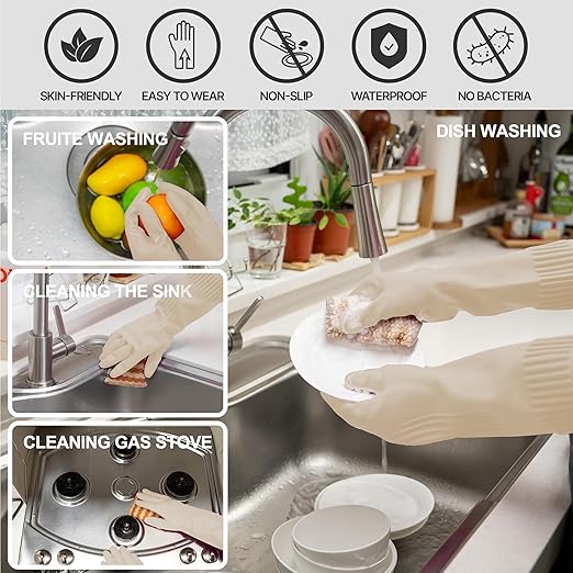 DABOGOSA Mamison 2 Pairs Reusable Waterproof Household Dishwashing Cleaning Rubber Gloves, Non-Slip Kitchen Glove (Ivory, Large (Pack of 2))