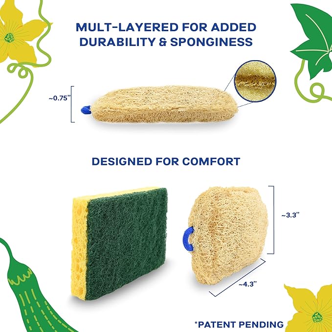 All Natural Loofah Kitchen Sponge (4 Pack) - Eco Friendly Sponges - Compostable Sponge - Biodegradable Sponges Kitchen - Natural Sponges for Dishes