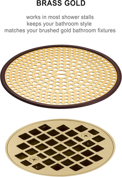 304 Stainless Steel Hair Catcher Shower Drain Cover with Silicone, Shower Stall Drain Strainer, Bathtub Hair Stopper, Bathroom Hair Trap Floor Drain Protector, Brushed Gold Brass 4.33 Inch Round Flat