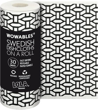 LOLA Swedish Dishcloths XL on a Roll, 30 Sheets, Geometric Pattern, Perforated 11" x 10" Sheets w/Hook, Reusable Absorbent Unpaper Towels Cellulose Sponge Cloth Biodegradable Made in Germany