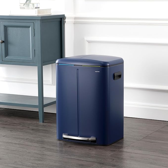 happimess HPM1005J Marco Rectangular 10.6-Gallon Double Bucket Trash Can with Soft-Close Lid, Denim Blue, Fingerprint Resistant, Modern, Minimalistic for Home, Kitchen, Office, Bedroom, Bathroom
