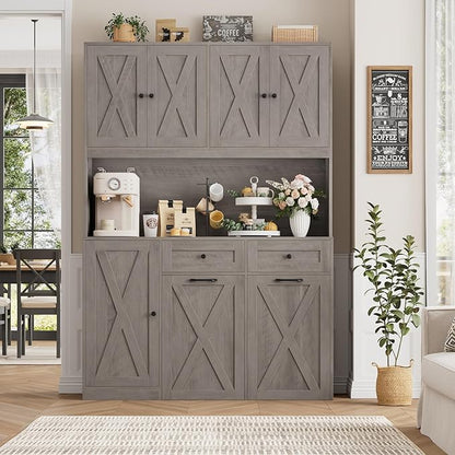 HOSTACK 71" H Kitchen Trash Can Cabinet, 12.5 Gallon Double Pull Out Garbage Can Hutch Cabinet with Trash Bin Storage Holders, 47" Wide Kitchen Pantry with Hidden Garbage Storage, Ash Grey
