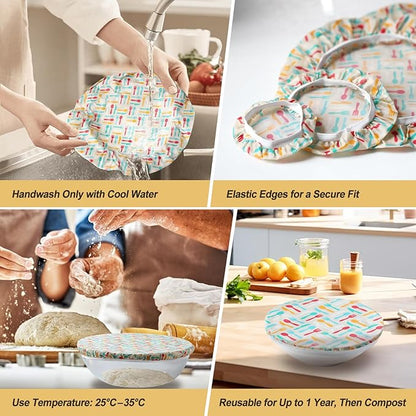 4 PCS Beeswax Reusable Bowl Covers for Bread Proofing Elastic Cloth Bowl Covers for Bread Proofing, Washable Beeswax Wraps For Food for Dough, Salad, and food Storage