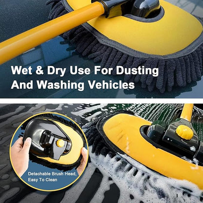 YeewayVeh Car Wash Brush Mop with Long Handle, 15° Curved Extension Pole Car Wash Kit with 3 Chenille Brush Head Covers for RV Truck Camper Cleaning, Yellow