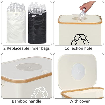 iEGrow 29 Gallons Recycling Bins for Kitchen, Indoor Recycle Bins with Lid, 110L Large Recycle bin with 2 Removeable Reusable Inner Bags, for Bottles Cans Glass Plastice Cartons(Beige)