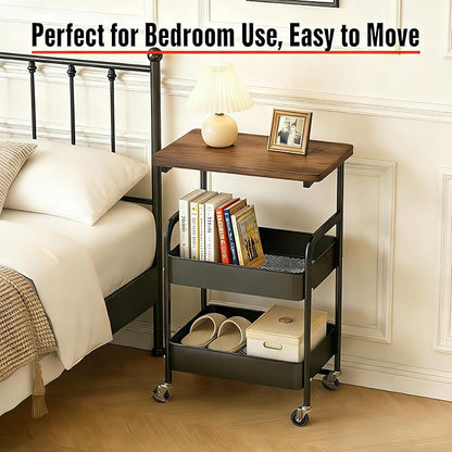 3 Tier Rolling Utility Cart Organizer with Walnut Table Top, Metal Stable and Sturdy Rolling Storage Carts with 2 Lockable Wheels for Kitchen，Snacks，Coffee，Bathroom，Makeup，Craft