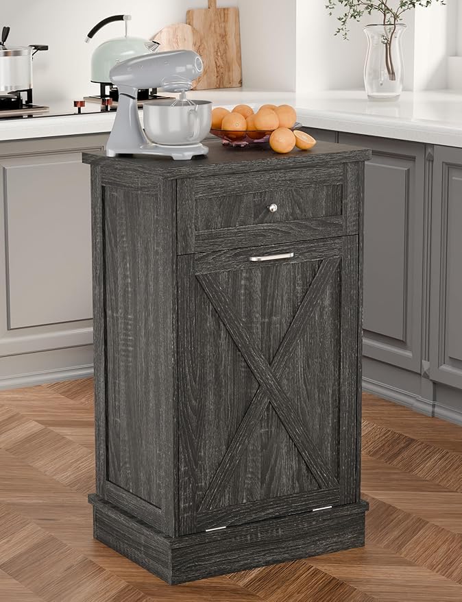 TOLEAD 10 Gallon Tilt Out Trash Can Cabinet Wooden Hidden Trash Cabinet with Solid Wood Top & Drawer, Farmhouse Kitchen Garbage Bin Enclosure Pet Proof Laundry Hamper for Kitchen, Bathroom Grey