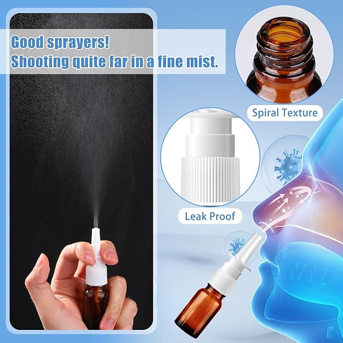 10 Pcs Nasal Spray Bottle, 10ML/0.35OZ 6 Pcs Refillable Fine Mist Glass Empty Nasal Spray Bottle with 2 Funnels and 2 Labels