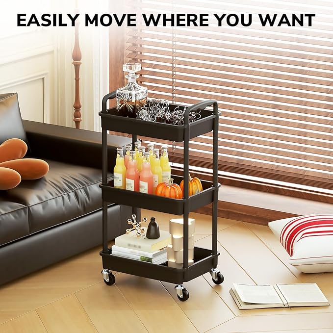 Goovilla Rolling Storage Cart, 3 Tier Rolling Utility Cart Organizer on Lockable Wheels, Charcoal Fruit Vegetable Storage Rack Also for Kitchen, Cans, Snack, Craft, Art, Office, Beauty
