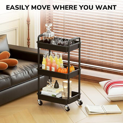 Goovilla Rolling Storage Cart, 3 Tier Rolling Utility Cart Organizer on Lockable Wheels, Charcoal Fruit Vegetable Storage Rack Also for Kitchen, Cans, Snack, Craft, Art, Office, Beauty