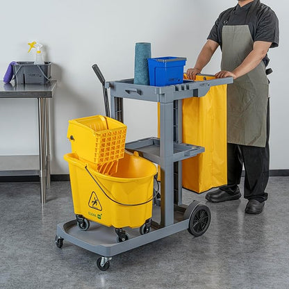 Restaurantware-Clean Tek Professional Janitor Cart with Wheels, 1 Cleaning Trolley with 18 Gallon Bag - 3 Shelves, Heavy-Duty, Gray Plastic Commercial Janitorial Cart, for Restaurants