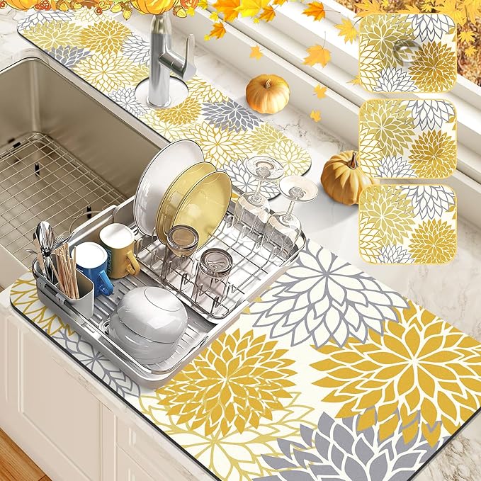 Findosom 2PCS 16" x 24" Fall Dish Drying Mat & 24" x 5.5" Sink Splash Guard, Super Absorbent & Cuttable Dish Mat Drying Kitchen Mat with Yellow Floral, Hide Stain Drying Mat for Kitchen Counter