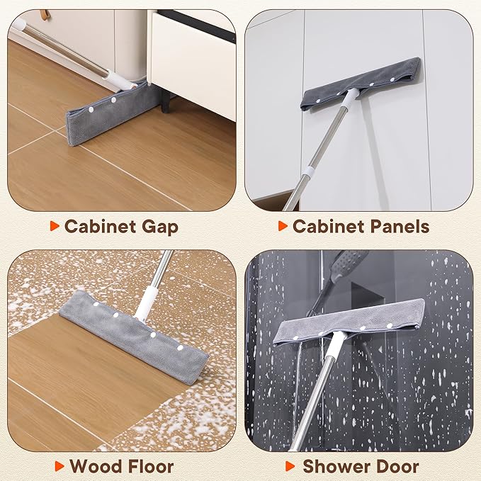 Floor Squeegee Broom, 2 in 1 Magic Broom with Rubber Scrubbing Teeth and Long Handle, Shower Floor Squeegee for Bathroom, Kitchen, Tile, Concrete, Garage, Pet Hair and Water