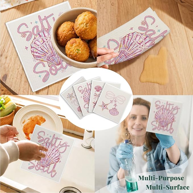 Beach Ocean Sells Swedish Dishcloths for Kitchen, Pink Salty Soul Sells Swedish Dish Cloths for Ocean, 4 Pack Dish Towels for Kitchen washcloths, Papaya Reusable Paper Towels Washable