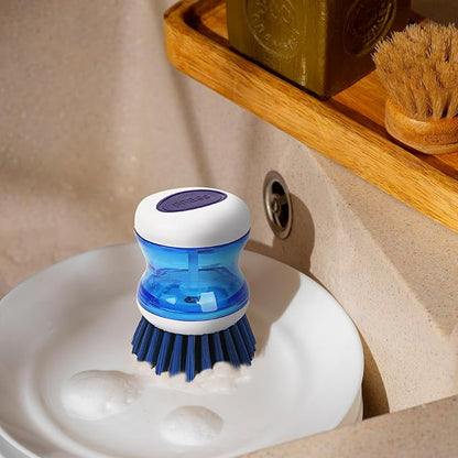 Dish Scrubber with Soap Dispenser, 3 Pack Soap Dispensing Palm Brush for Kitchen Sink Pot Pan, Color Coded Dishwashing Scrub Brush Set (Gray, Blue, Orange), Non-Scratch Cleaning Tool
