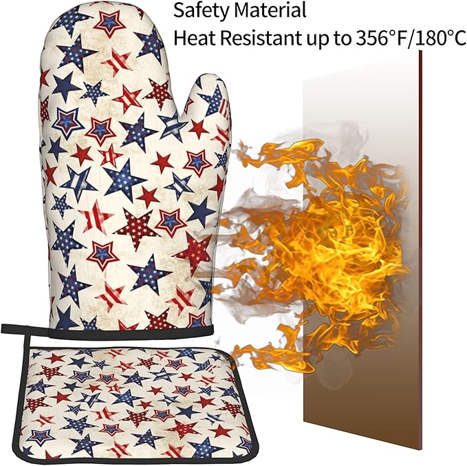 Patriotic Stars Oven Mitts - 4th of July Kitchen Mitts Pot Holders Sets of 2 Red White and Blue Hot Mitts Independence Memorial Day Hot Pads for Cooking Baking Grilling