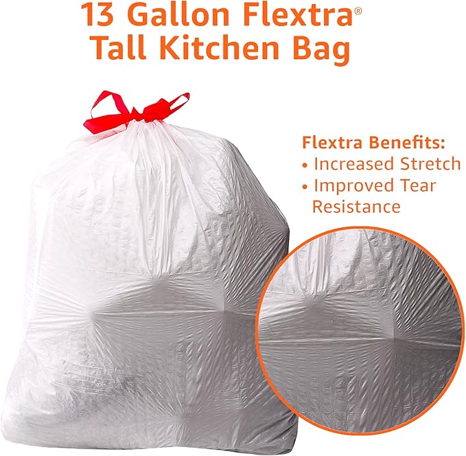 Amazon Basics Flextra Tall Kitchen Drawstring Trash Bags, 13 Gallon, 50 Count, Tear-Resistant, Unscented