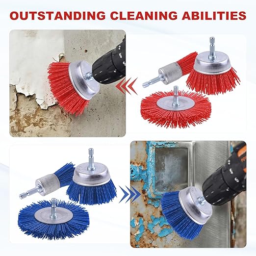 Rocaris 9 Pack Nylon Filament Abrasive Wire Brush Wheel & Cup Brush Set with 1/4 Inch Hex Shank, for Removal of Rust/Corrosion/Paint - 80 Grit, 120 Grit, 240 Grit