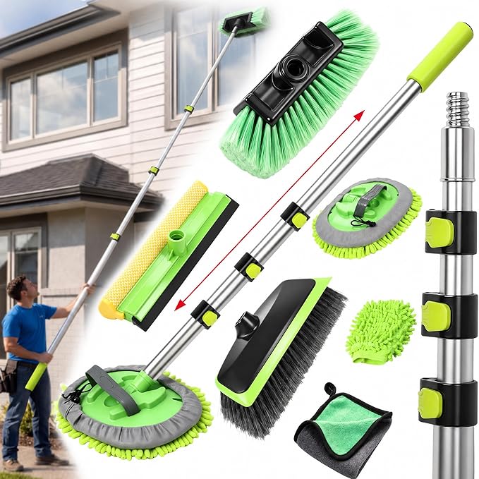 BBTO 12ft Car & RV Wash Brush Kit with Long Extendable Handle RV Car Truck Wash Kit with Hardness Brush Adjustable Chenille Mop Sponge Squeegee Tire Brushes Micro Fiber Towels Chenille Mitt for SUV