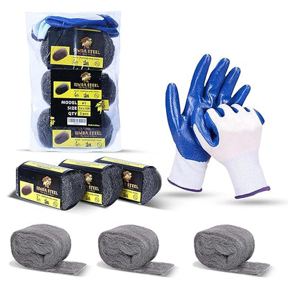 Wool Assortment for Cleaning – 0000 Grade Fine to Coarse Steel Wool Pads & Rolls, Multiple Pack Sizes and Length Options (3" x 10ft (3 Pack))
